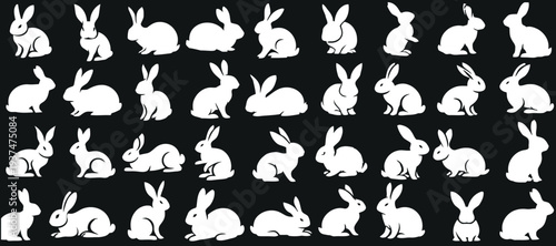 Numerous white rabbit silhouettes on a black background, showcasing different playful poses and actions