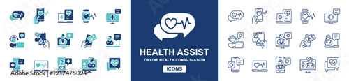 Online health assist and consultation icons for remote medical care
