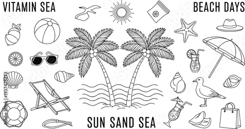 Summer Vacation Beach Icon Set Featuring Palm Trees Tropical Leaves Sunglasses Beach Chair Umbrella Seashells and Cad Drawing Flat Vector Illustration