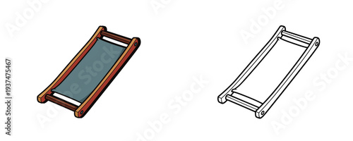 Wooden medical stretcher in colored cartoon style and black outline version in brown and gray colors for emergency transportation and first aid on white background