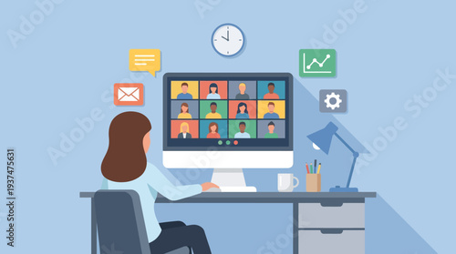 A woman attends a remote hybrid work online meeting at her desk, a clean 2d vector illustration.