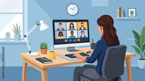 2d vector of a woman in a blue home office, attending an online meeting, showing remote work.