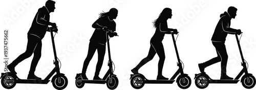 electric scooter riders silhouette vector, people commuting on e scooter, modern urban eco transport concept, city mobility lifestyle illustration