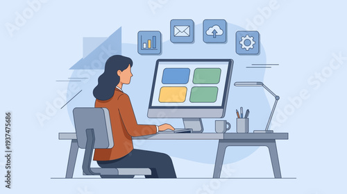 A 2d vector illustration of a woman working remotely on her computer, engaged in an online meeting, representing the hybrid work concept with digital icons in a calm blue setting.