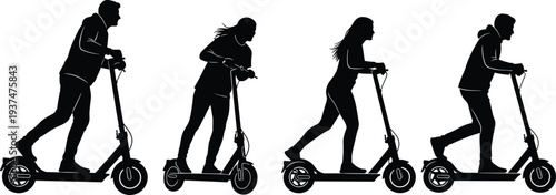 people riding electric scooter silhouette vector set, urban eco transport e scooter riders, modern city mobility transportation illustration
