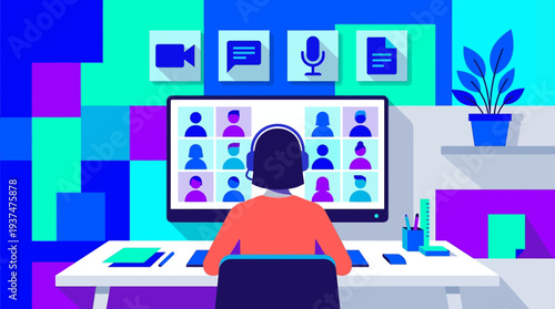 Vibrant 2d vector illustration of a person in headphones on a remote online meeting, depicting hybrid work.