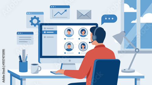 Blue 2d vector of remote worker in headset on web conference, for hybrid work.