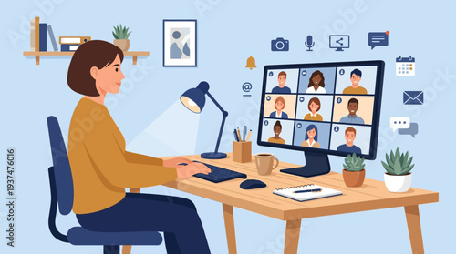 2d vector of a woman in her home office, actively participating in an online hybrid work meeting.