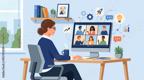 2d vector illustration of a professional woman in a hybrid work online meeting from her home office.