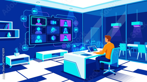 A professional works remotely in a blue 2d vector office, engaged in a hybrid online meeting.