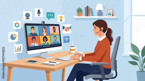 A 2d vector illustration of a woman in a home office, engaging in a remote online meeting, symbolizing hybrid work.