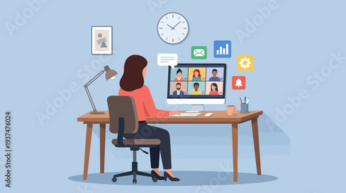 2d vector of a woman in a calm home office, engaged in a virtual meeting, illustrating the hybrid work challenge.