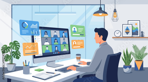 A 2d vector of a man in an online meeting, addressing hybrid work challenges from his modern office.