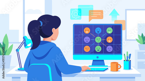 A blue 2d vector illustration of a woman working remotely from her home office, participating in an online meeting for hybrid work.