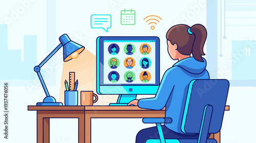 2d vector illustration of a woman participating in an online meeting from her home office, highlighting hybrid work.