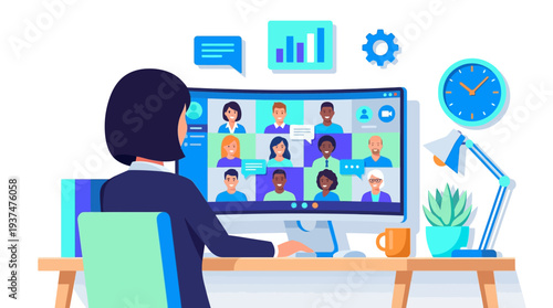 Blue 2d vector of a woman on a computer, participating in a remote online meeting for hybrid work.