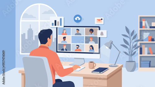 2d vector: man in calm home office, remote online meeting with colleagues, reflecting hybrid work.