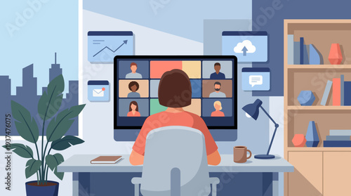 2d vector of a person in a modern home office, engaged in a hybrid online meeting with a city view.