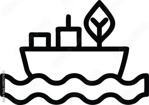 Sustainable Cargo Ship Line Icon with Leaf Symbolizing Green Ocean Freight and Environmental Transport