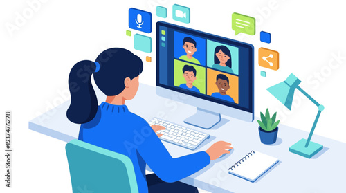A woman attends a remote online video meeting at her desk, illustrating the hybrid work concept in a 2d vector style.