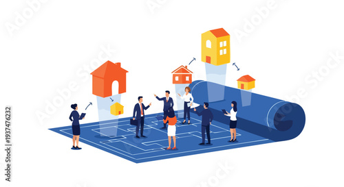Strategic Real Estate Development Team Executing Urban Planning and Housing Market Investment on Blueprints