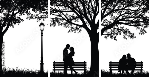 romantic couple in park silhouette vector, lovers sitting on bench under tree, love relationship scene, romantic evening park illustration