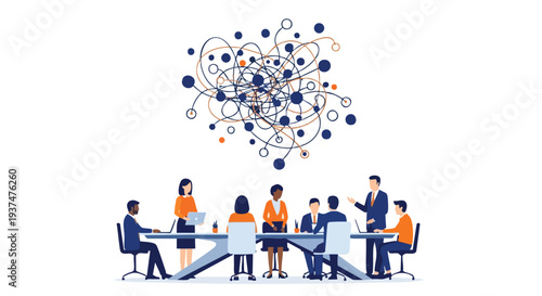 Strategic B2B team collaborating to solve complex operational challenges and untangle business data silos during a high-stakes corporate meeting
