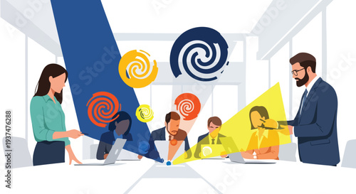 Strategic Collaborative Team Harnessing Digital Innovation and Dynamic Data Visuals in a Modern Corporate Boardroom Environment