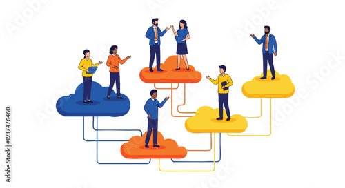 Multi-ethnic professionals collaborating via interconnected cloud computing network for scalable enterprise solutions