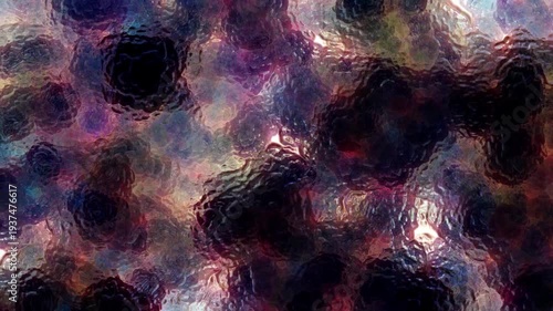 Dynamic abstract motion graphics featuring fluid liquid-like textures flowing across a foggy glass surface with soft blurred floral colors behind it. Dreamy organic movement with vibrant gradients and