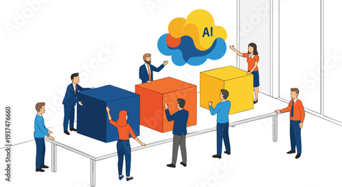 Agile cross-functional team strategically integrating AI solutions to optimize modular business operations and collaborative project management
