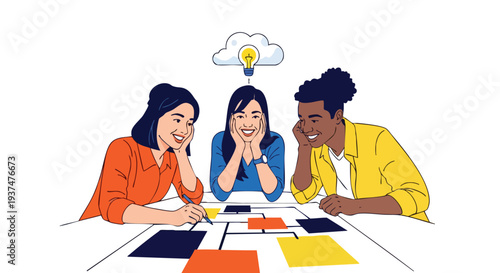 Diverse Creative Strategy Team Developing Innovative SaaS Workflow Solutions During a Collaborative Design Thinking Workshop