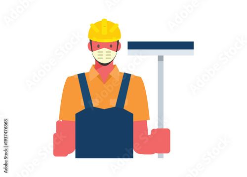 Cleaning man figure holding floor scrapper. Simple flat illustration.