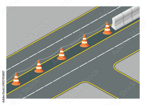 Main road and branch road T intersection simple flat illustration in isometric view.