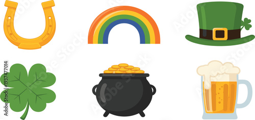 St. Patrick's Day Icons Featuring Horseshoe, Rainbow, Clover, Pot of Gold, Beer, and Green Hat for Festive Celebrations