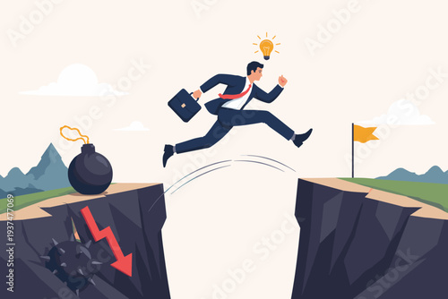 Businessman jumping over a cliff gap with a lightbulb idea, avoiding risks like bombs and economic decline to reach success and goals. Concept of problem solving, innovation, and overcoming obstacles.