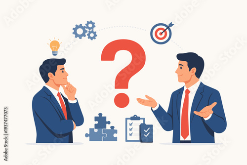 Two businessmen brainstorming and problem solving with a large question mark, lightbulb idea, gears process, target goal, and puzzle pieces for strategy, growth, and personal development.