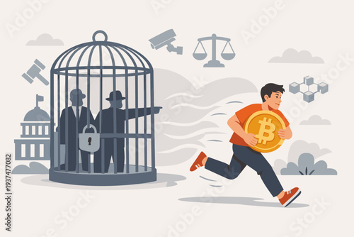 Man Running with Bitcoin Coin Escaping Government Regulation and Control, Concept of Decentralized Finance vs Traditional Authority with Law Gavel, Scales of Justice and Cage Symbols Illustration