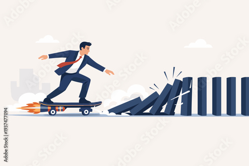 A businessman on a rocket skateboard crashing into a row of dominoes, symbolizing disruptive innovation, market transformation, competitive advantage, and breaking traditional business models.