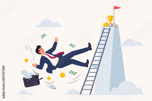 Businessman Falling from Ladder of Success Vector Illustration. Concept of Business Failure, Career Setback, Financial Loss, Bankruptcy, Risk, and Professional Crisis. Man Falling with Money.