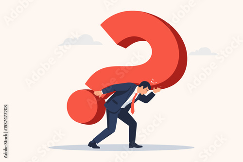 Businessman Carrying a Giant Red Question Mark on His Back, Representing a Hard Question with No Answer, Critical Business Problem, Stressful Burden, Doubt, Uncertainty, and Pressure Concept
