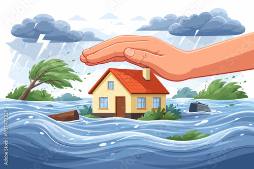 Home insurance and property protection concept showing a giant hand shielding a house from natural disasters like floods, hurricanes, and storms with heavy rain, lightning, and rising water.