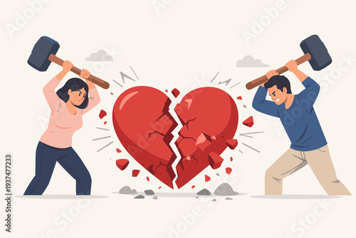 Angry Couple Smashing a Big Red Heart with Sledgehammers, Concept of Divorce, Breakup, Relationship Crisis, Marriage Difficulties, Emotional Pain, Heartbreak, and Domestic Conflict Illustration