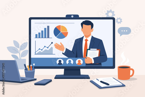 Online business presentation and webinar concept with a professional man presenting data charts on a computer screen during a virtual meeting, remote work from home office desk with laptop.