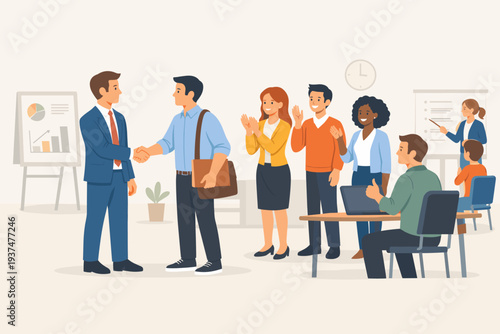 Professional vector illustration of a new employee receiving a warm welcome at the office. Manager introduces the new hire to a diverse team of colleagues who are clapping in a modern workspace.