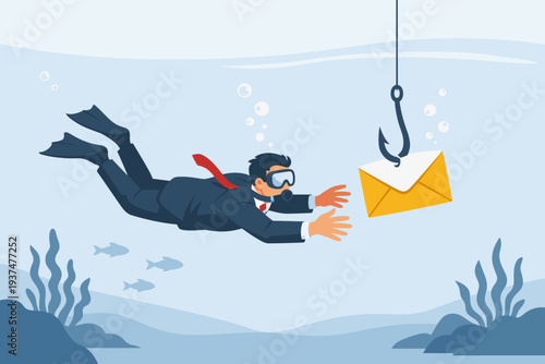 Phishing Email Fraud and Cyber Security Scam Concept with Businessman Underwater Reaching for a Bait Envelope on a Fishing Hook to Steal Personal Information, Login Credentials and Private Data