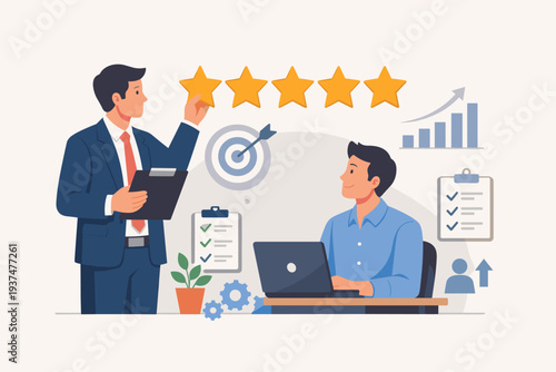 Business performance management and employee evaluation review with manager giving five star rating to staff for yearly appraisal, career development, professional growth, and office success.