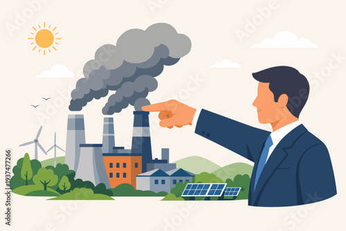 Businessman pointing at polluting factory with smoke, representing transition to renewable energy like solar panels and wind turbines to combat global warming and environmental climate change.