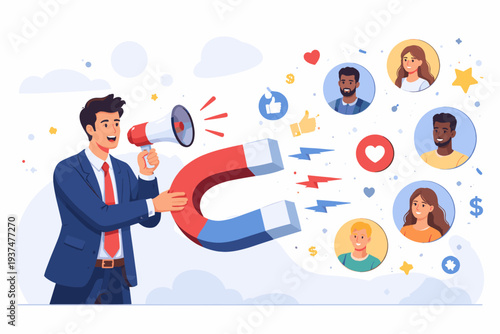 Businessman using megaphone and large magnet to attract target audience and customers for marketing campaign, social media engagement, lead generation, and business growth strategy concept.