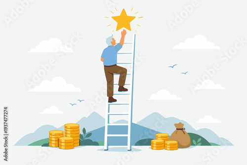 Elderly man climbing a ladder to reach a glowing star representing financial goals and retirement success, surrounded by stacks of gold coins and money bags for pension fund planning concept.